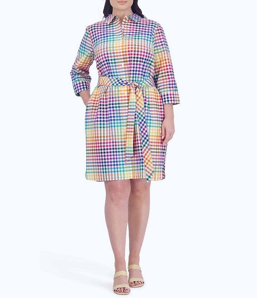 Foxcroft Plus Size Rocca Rainbow Gingham Point Collar 3/4 Sleeve Tie Waist Dress Product Image