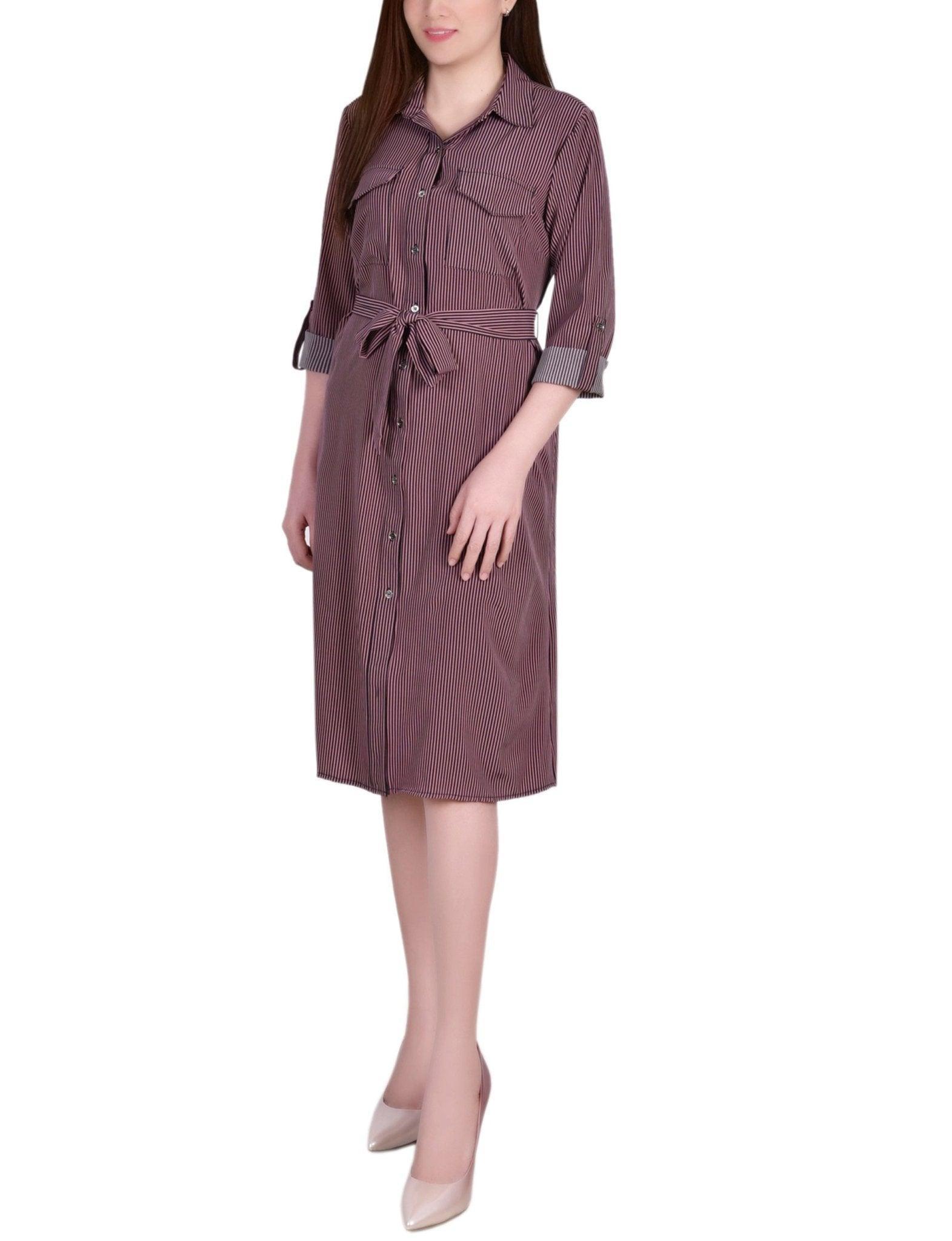 3/4 Length Roll Tab Sleeve Belted Shirtdress - Petite Product Image