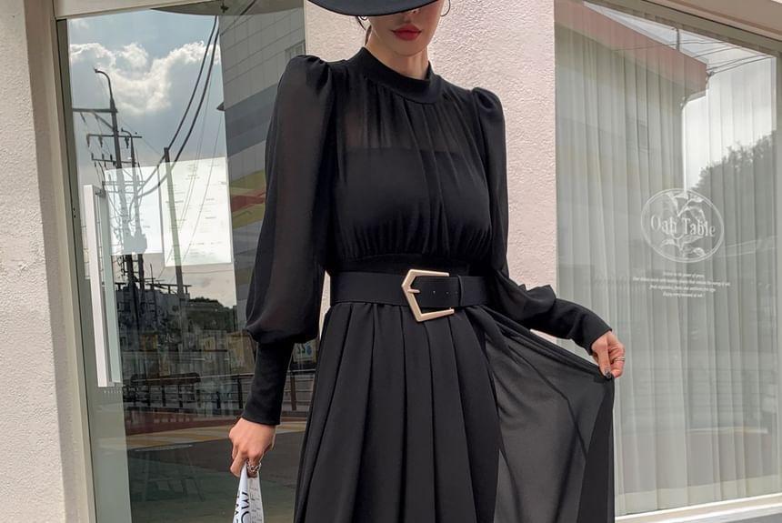 Set: Long-Sleeve See-Through Pleated Midi Dress + Belt Product Image