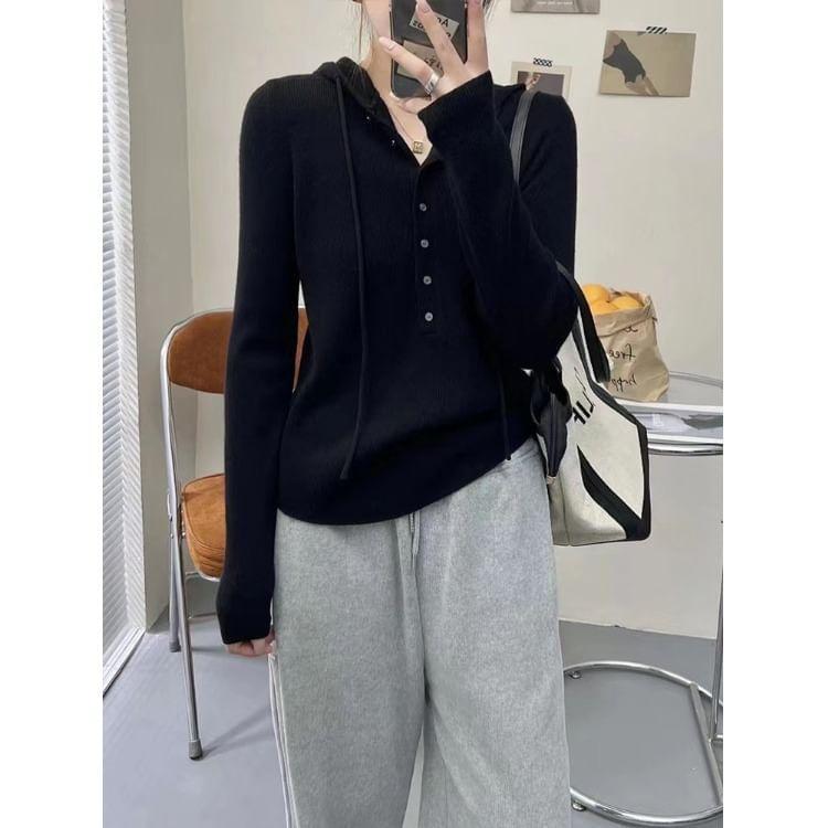 Long-Sleeve Henley Drawstring Hooded Knit Top Product Image