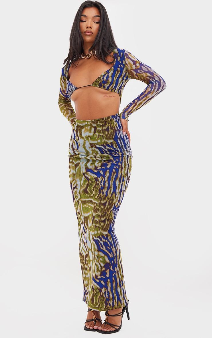  Multi Animal Print Mesh Cup Detail Long Sleeve Maxi Dress Product Image