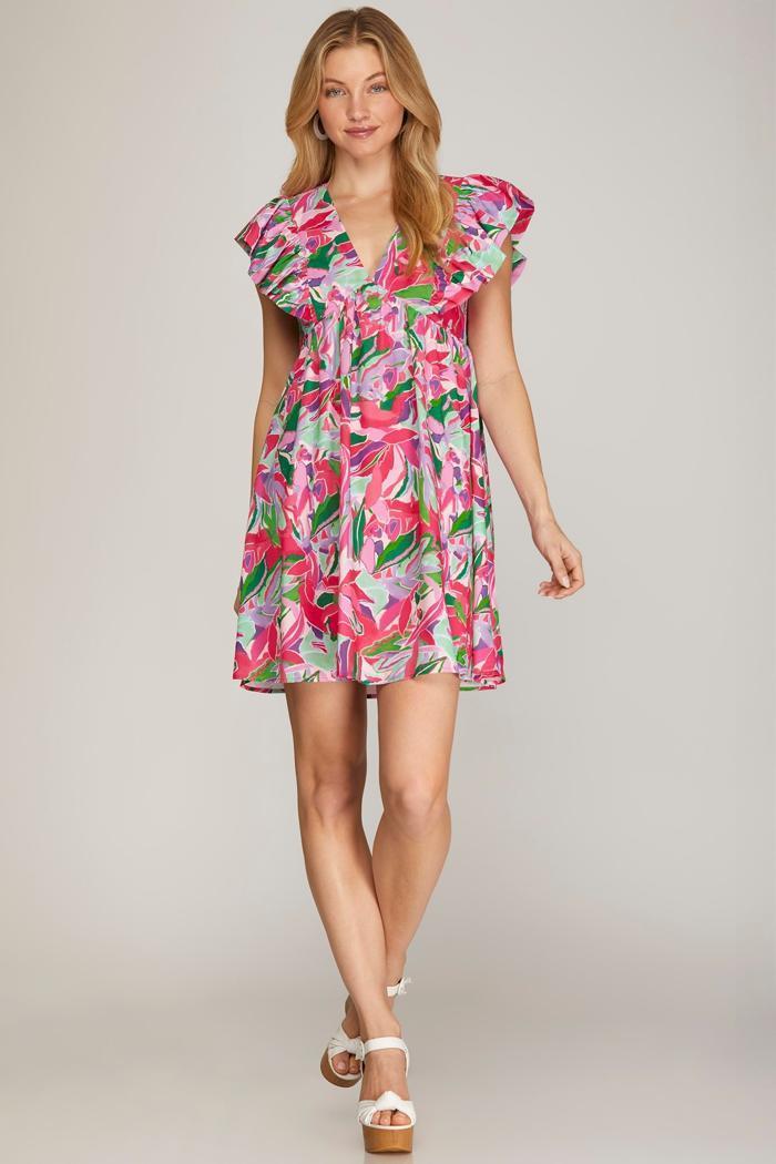 VNeck Ruffle Shoulder Print Dress Product Image