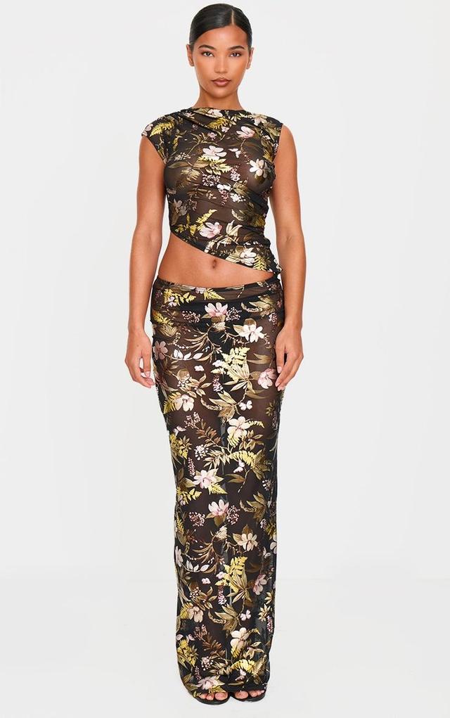 Black Floral Foil Printed Mesh Maxi Skirt Product Image