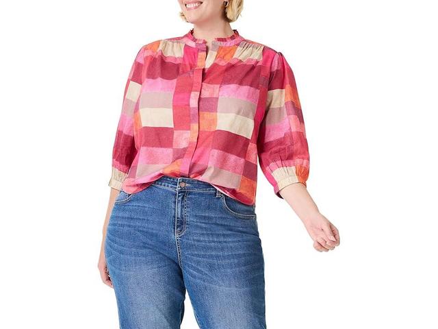 NIC+ZOE Plus Sunset Plaid Cotton Girlfriend Shirt Multi) Women's Clothing Product Image