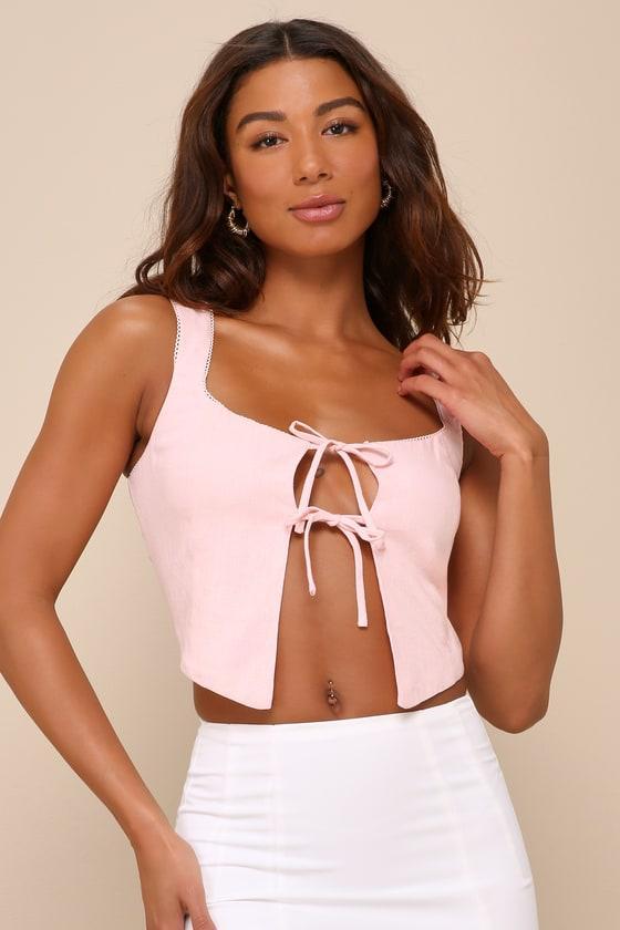 Nathalia Corset Light Pink Linen Lace Tie-Front Crop Top Product Image