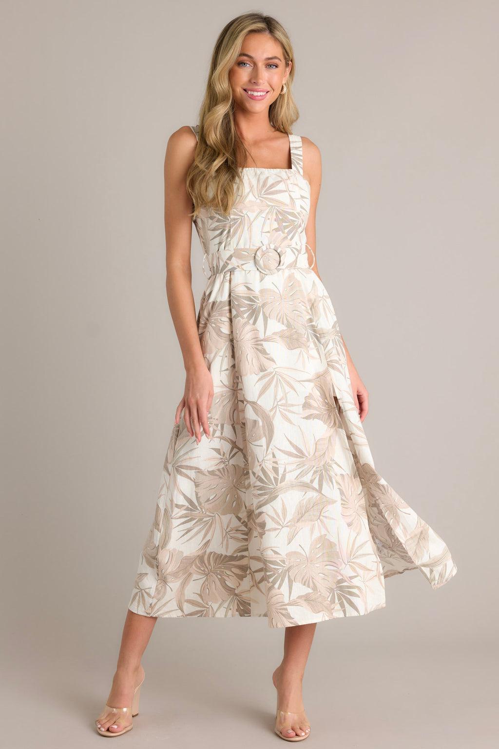 As You Know Tan Tropical Print Belted Midi Dress Product Image