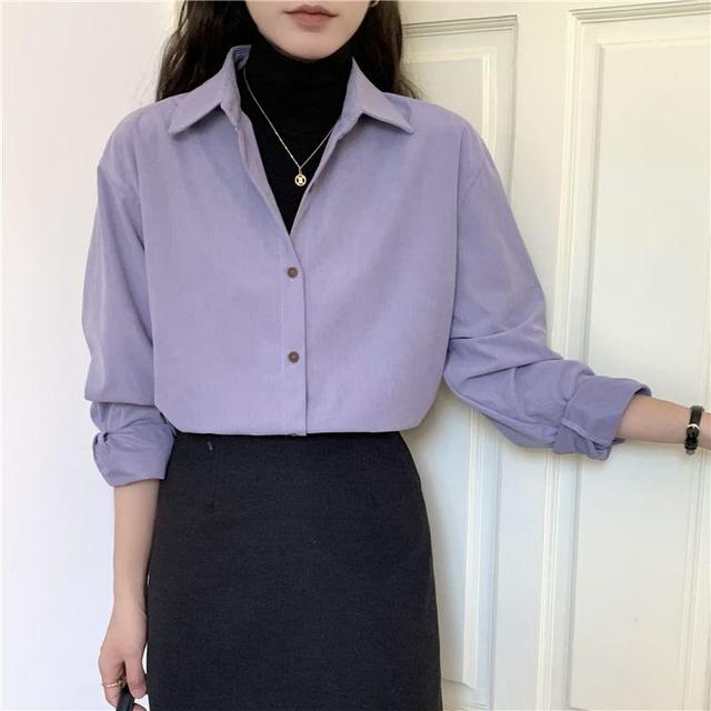 Long-Sleeve Corduroy Plain Shirt Product Image