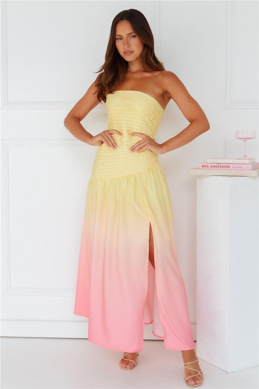 Island Sunset Strapless Maxi Dress Yellow Product Image