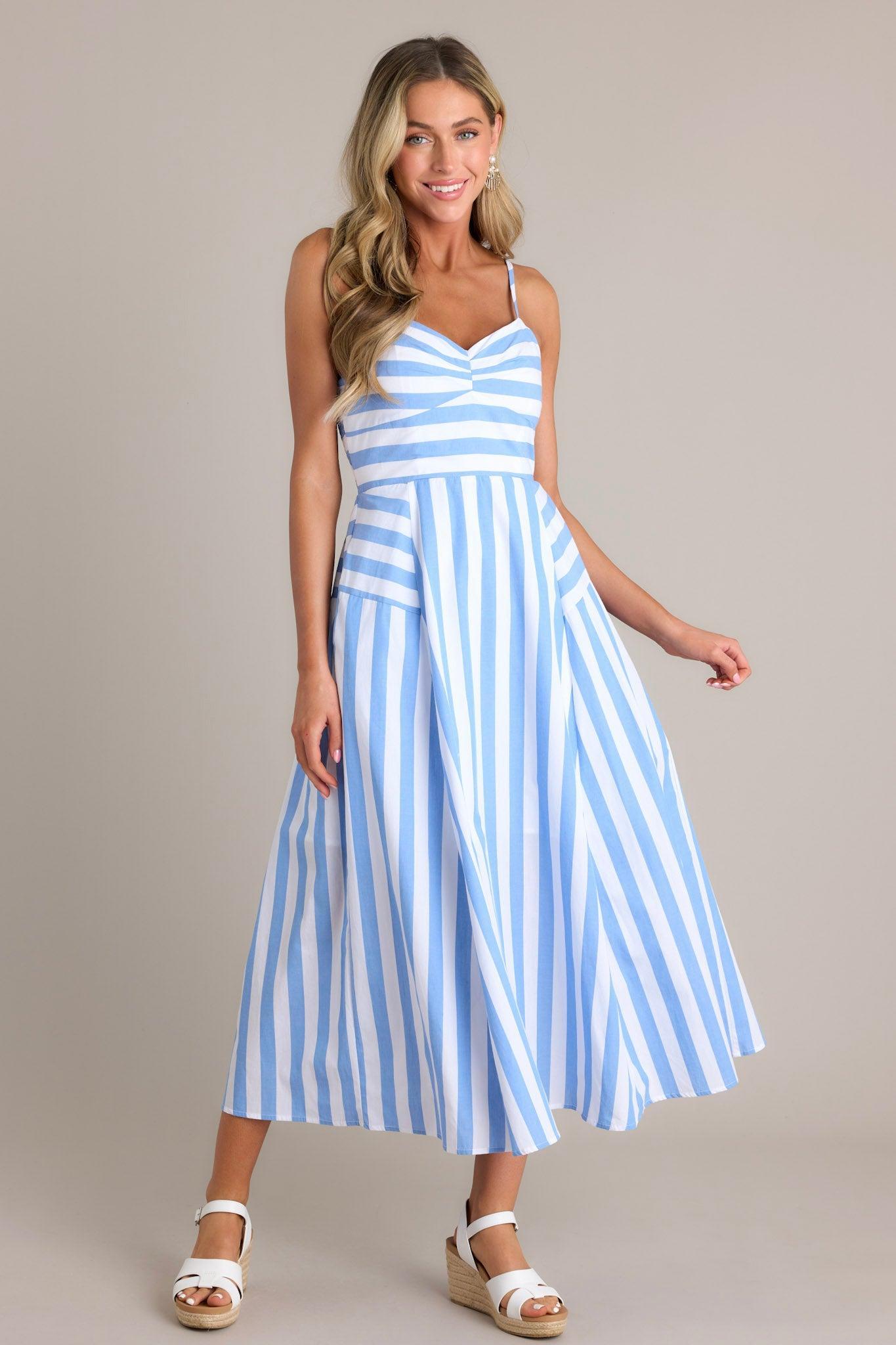 Coastal Cutie 100% Cotton Light Blue Stripe Midi Dress Product Image