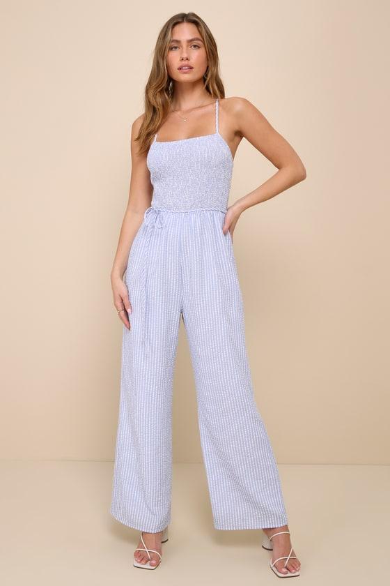 Endearing Impression Blue and White Striped Lace-Up Jumpsuit Product Image