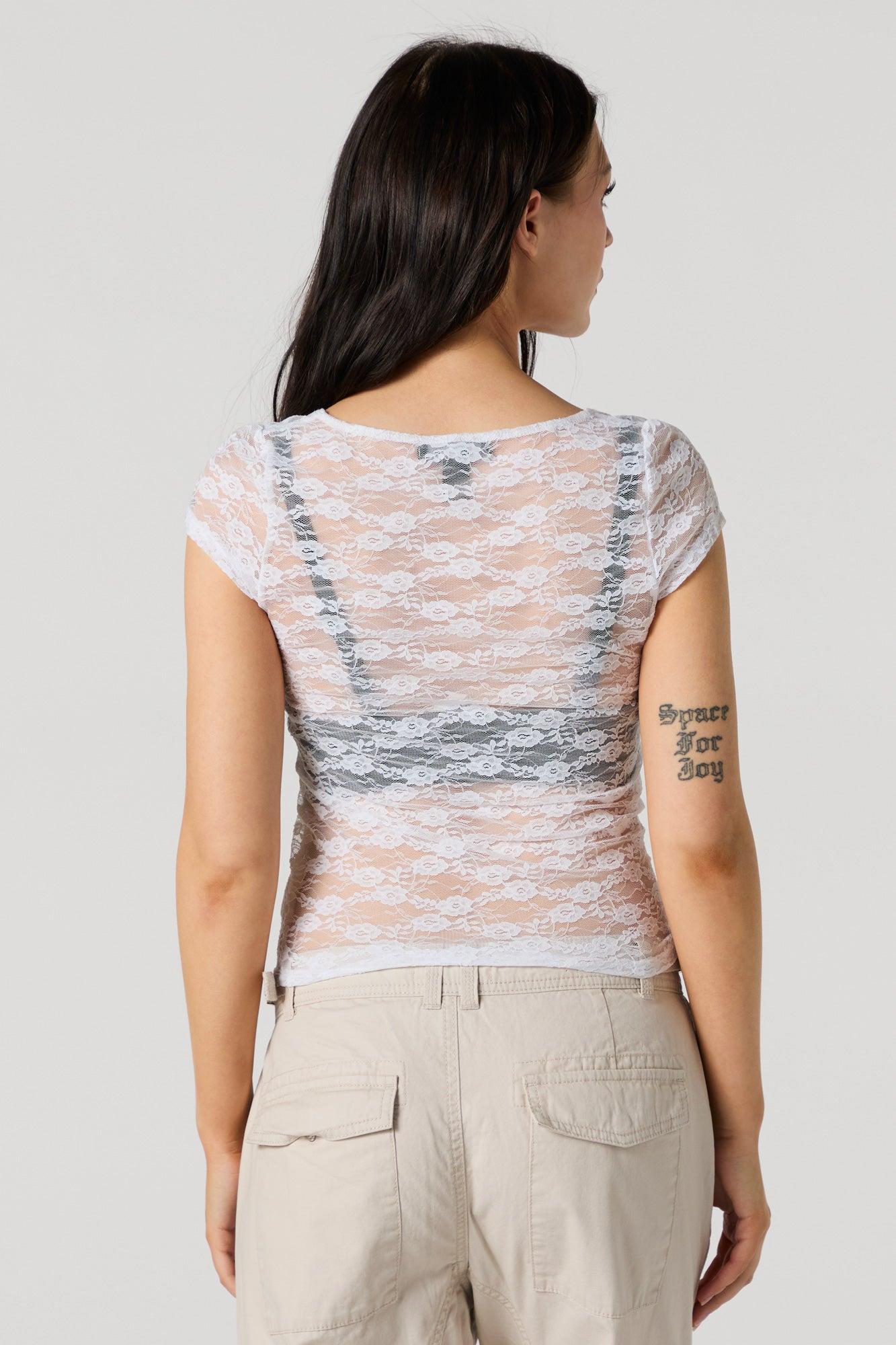 Sheer Floral Lace Scoop Neck Top Female Product Image