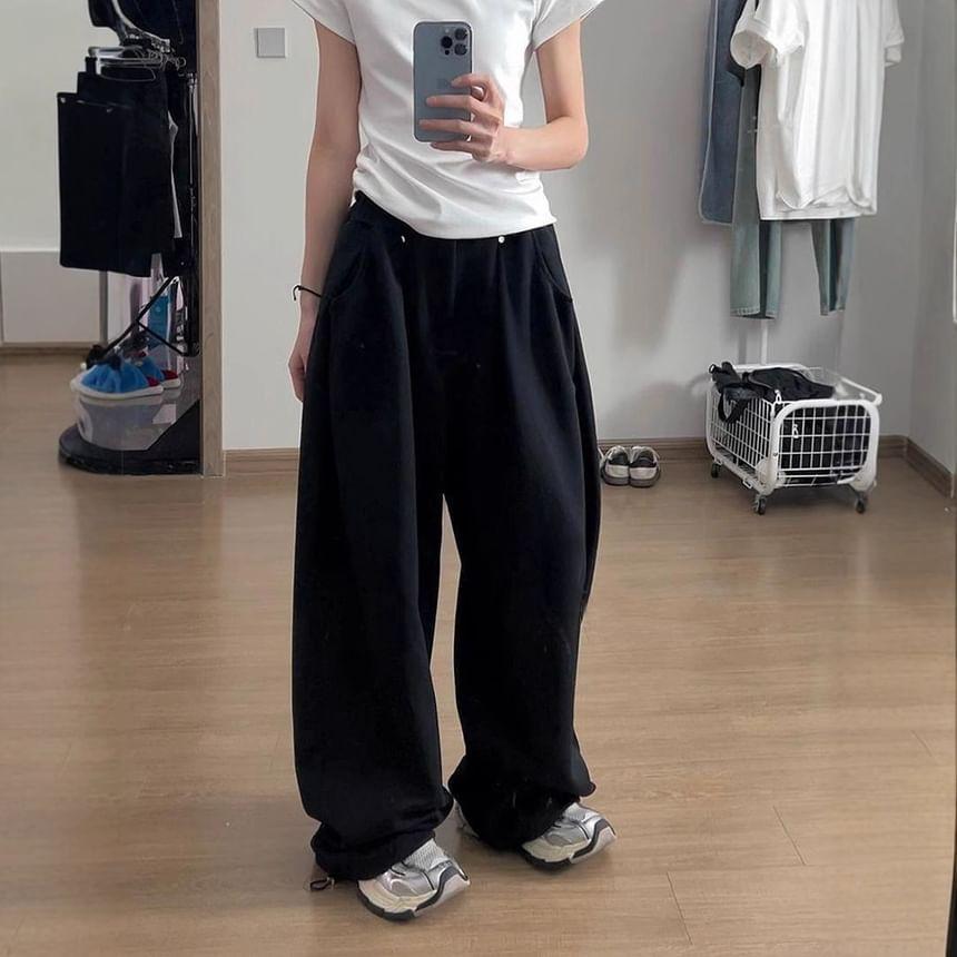 Elastic Waist Plain Wide Leg Sweatpants Product Image