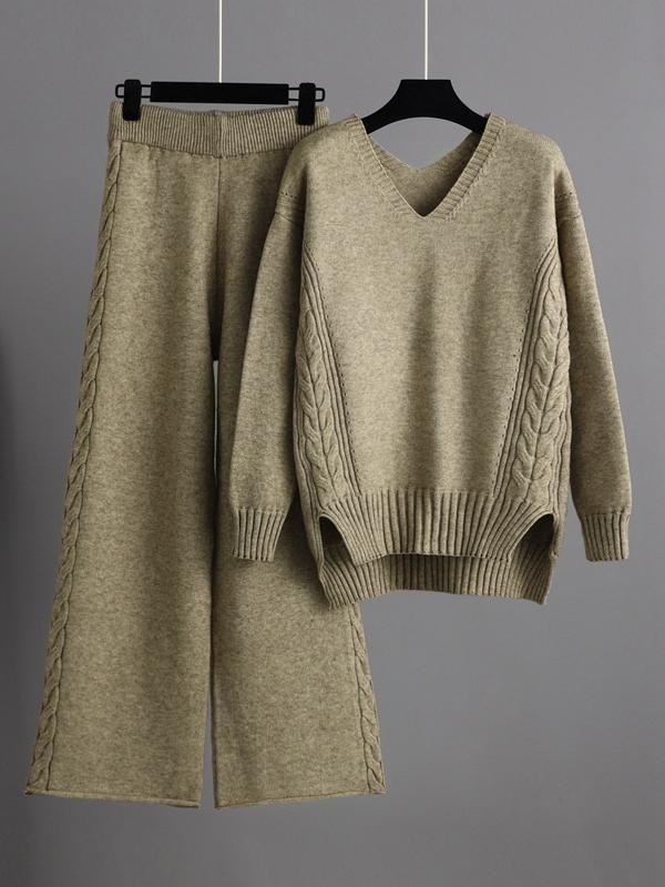 Stylish Loose Long Sleeves Solid Color V-Neck Sweater Tops& Wide Leg Pants Two Pieces Set Product Image