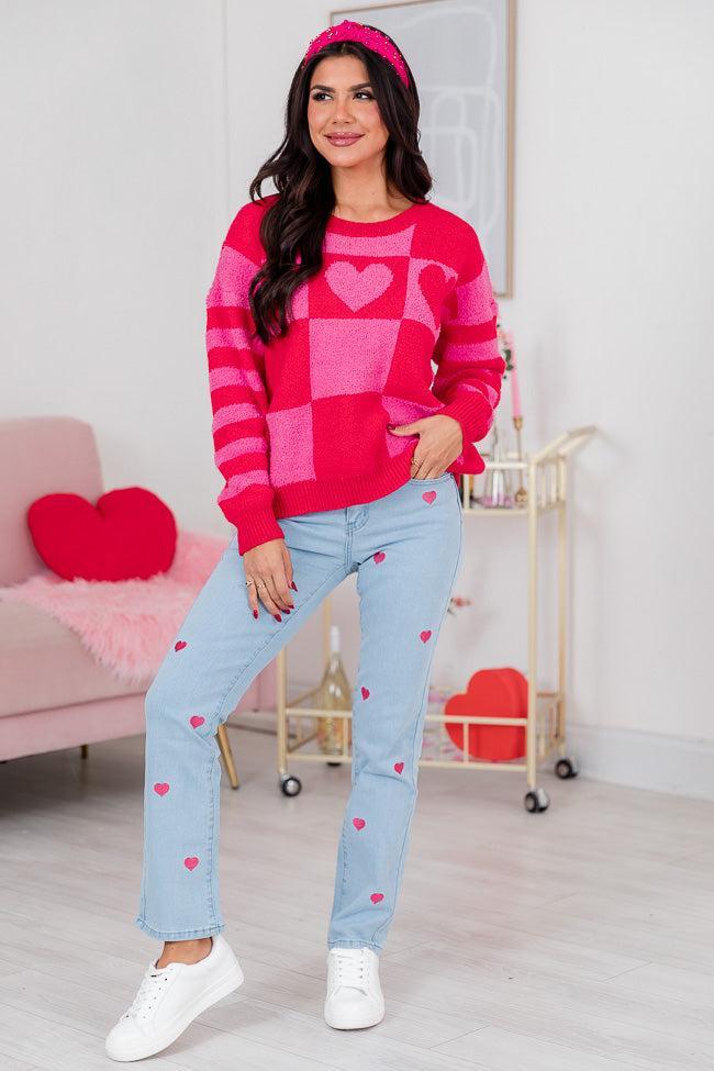 Together Forever Pink And Red Fuzzy Heart Sweater FINAL SALE Product Image