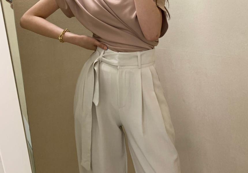 One-Shoulder Satin Shirred Blouse Product Image