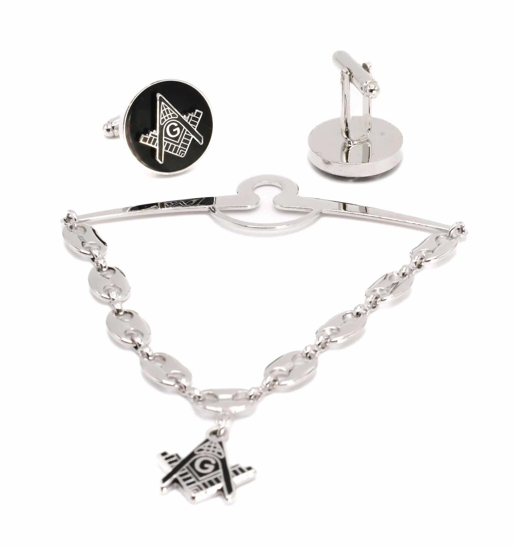 Freemasonry Silver Cross on Black Round Men's Cuff Links and Tie Chain 3 Piece Accessory Box Male Product Image