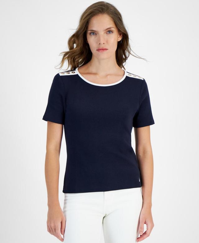 Nautica Jeans Womens Cotton Button-Trim Short-Sleeve T-Shirt Product Image