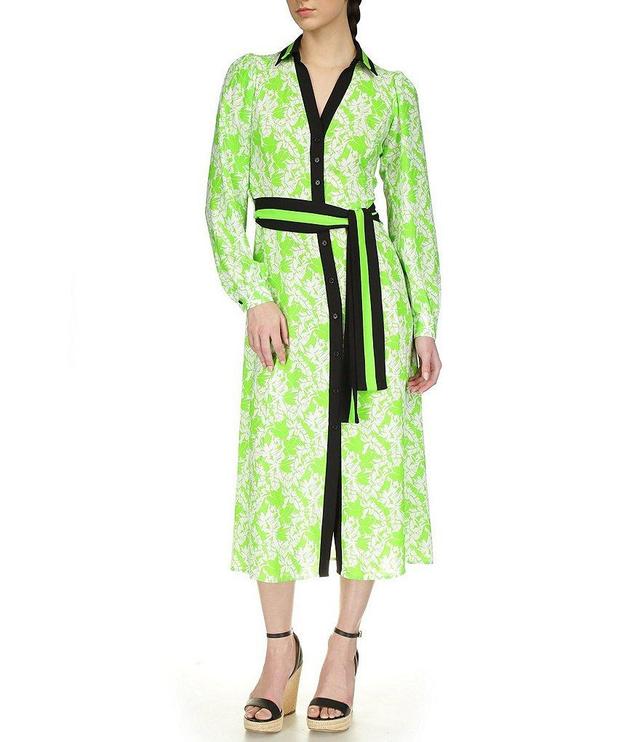 Michael Kors Printed Collared V Neckline Long Sleeve Midi Shirt Dress Product Image