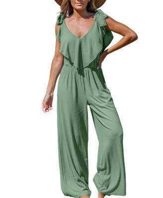 Cupshe Womens Green Ruffled Bow Tie Wide Leg Jumpsuit - Light Product Image