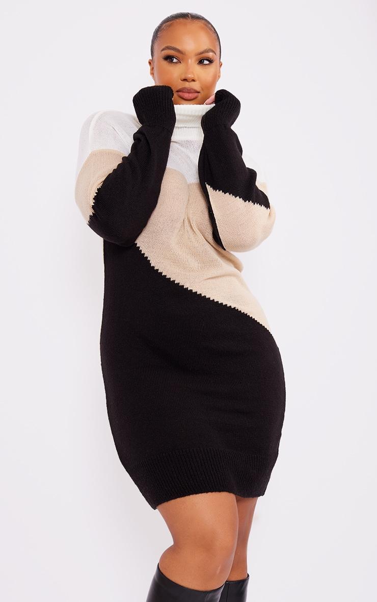 Plus Black Color Block Knitted Midi Dress Product Image