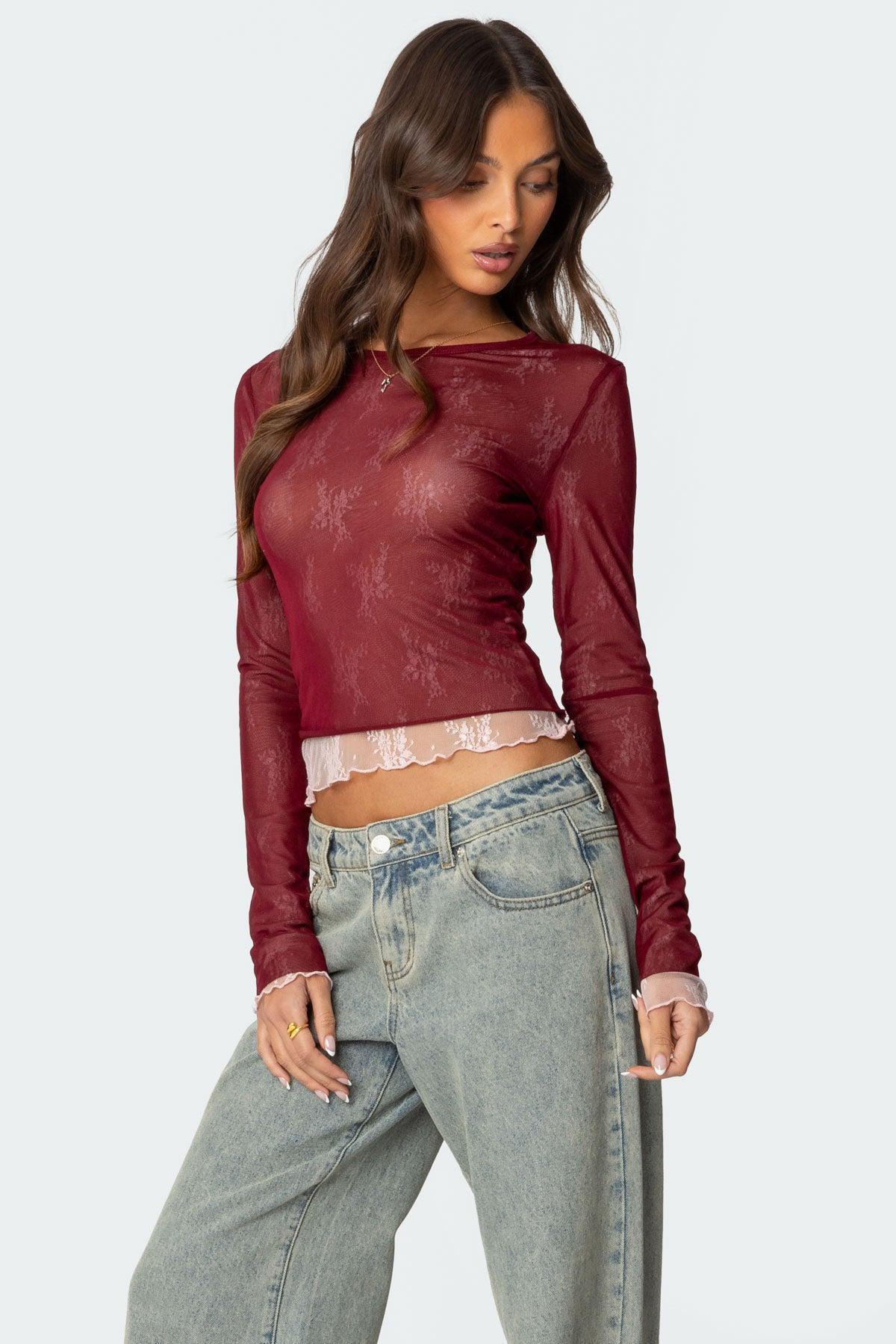 Lacey Sheer Mesh Crew Neck Top Product Image