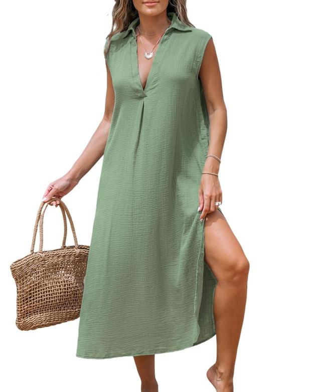 Cupshe Womens Green Collared V-Neck Sleeveless Linen Midi Beach Dress - Light Product Image