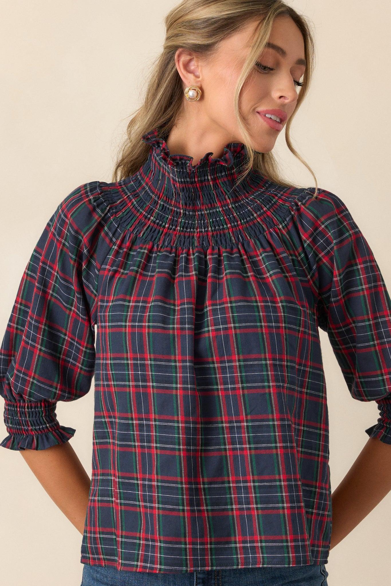 In The Zone 100% Cotton Navy Plaid Smock Neck Blouse Product Image