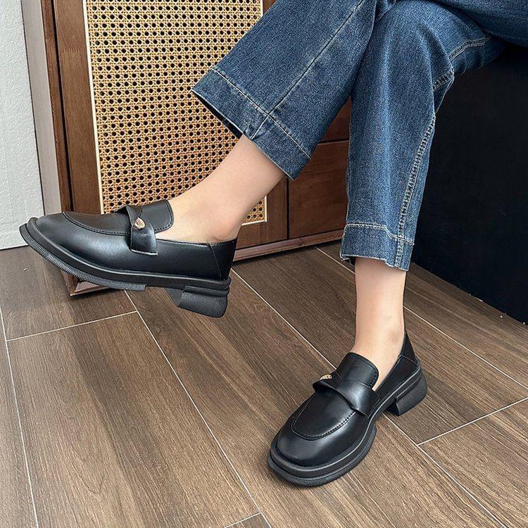 Platform Plain Metal Accent Faux Leather Loafers Product Image