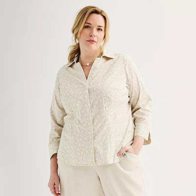 Plus Size Croft & Barrow Tailored Button Front Shirt, Womens Green Folk Scroll Product Image