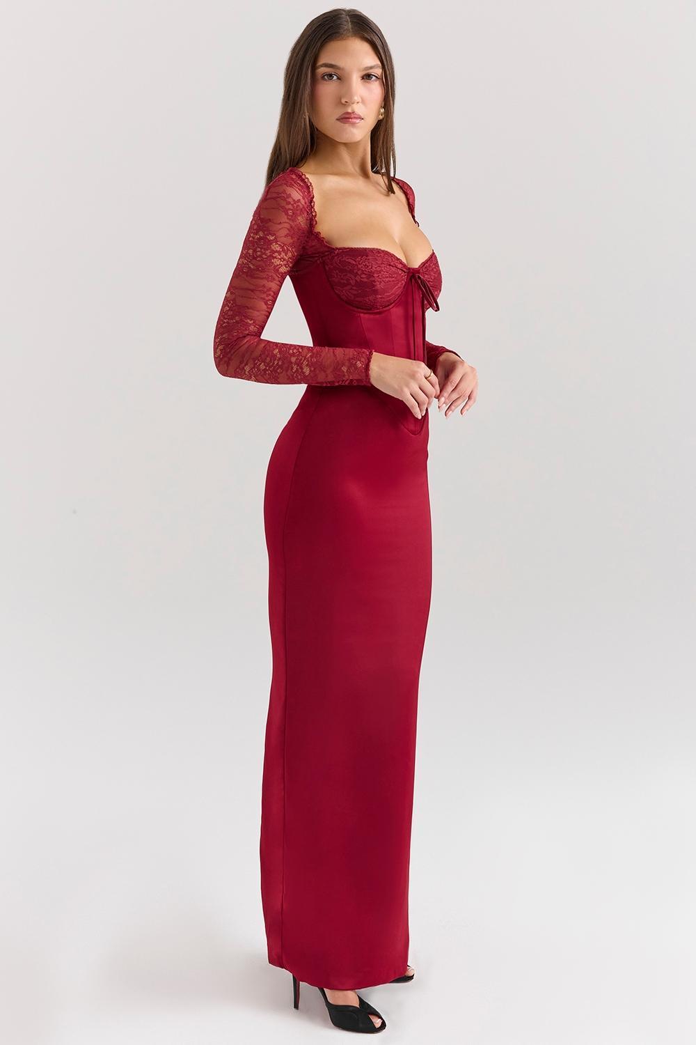 Perdi Berry Satin Maxi Dress with Corset Product Image