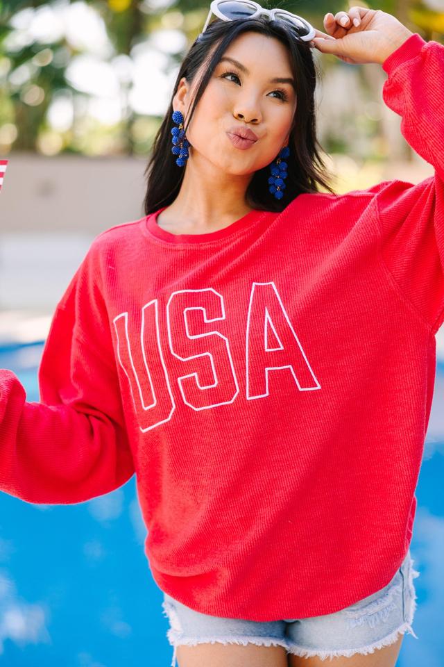 USA Red Embroidered Corded Sweatshirt Female Product Image