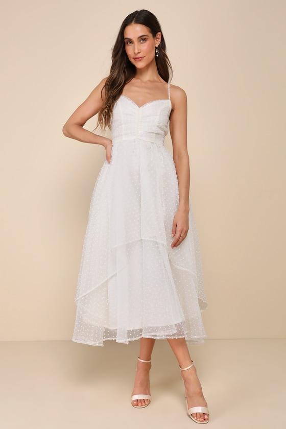 Favorite Event Ivory Swiss Dot Pleated Tiered Midi Dress Product Image