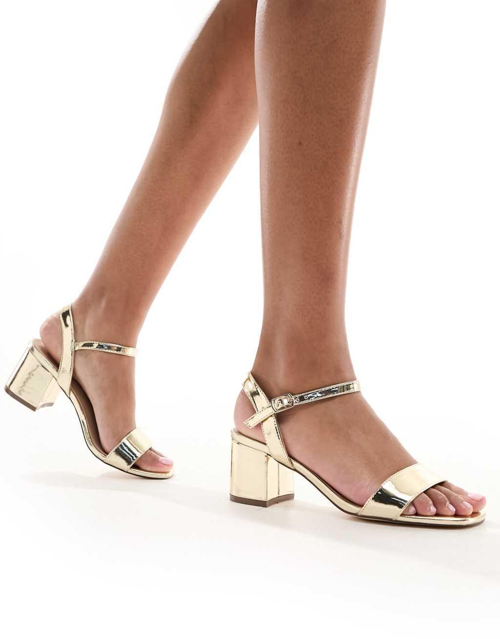 London Rebel wide fit block heel sandals in gold Product Image