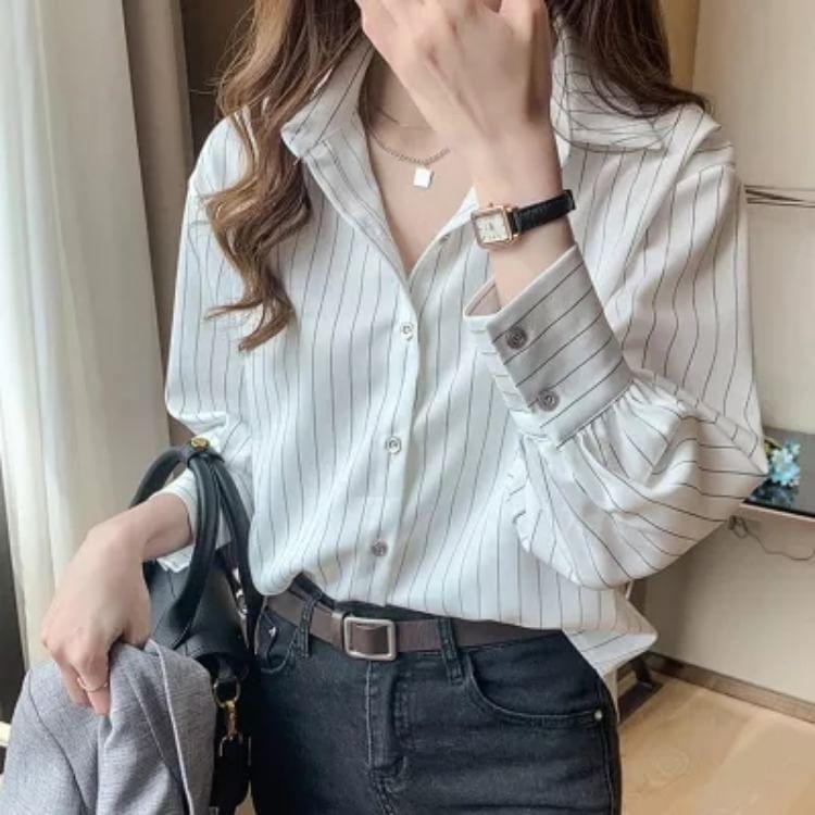 Long-Sleeve Collar Pinstriped Blouse Product Image