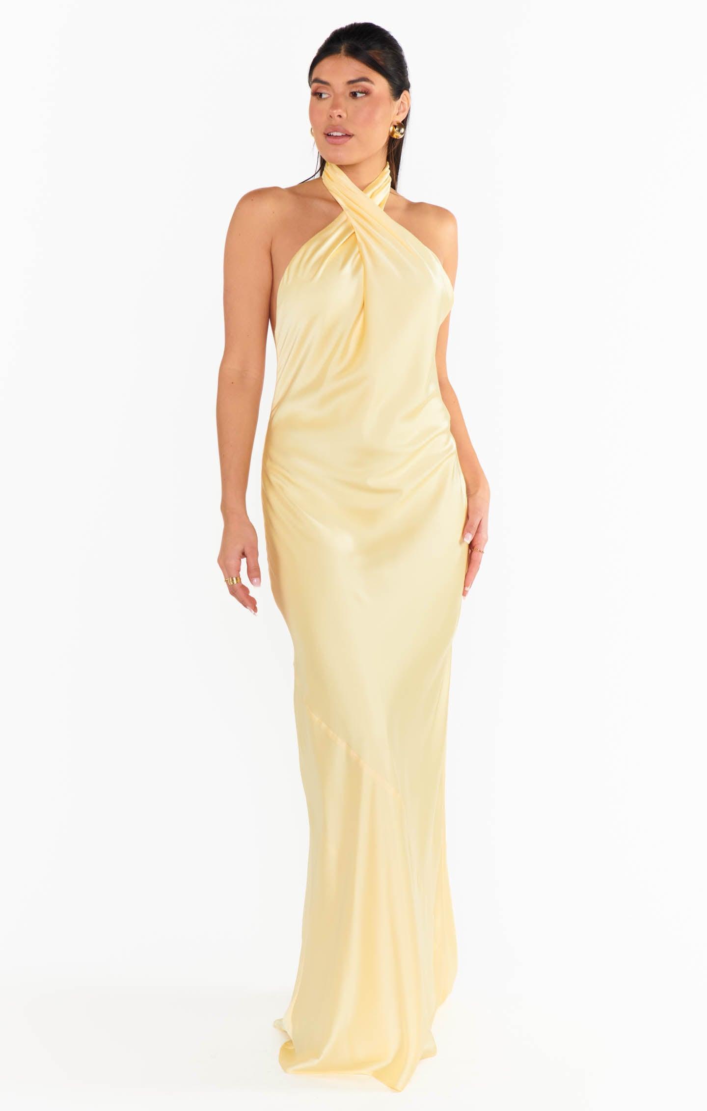 Jasmine Halter Maxi Dress ~ Pale Yellow Luxe Satin Product Image