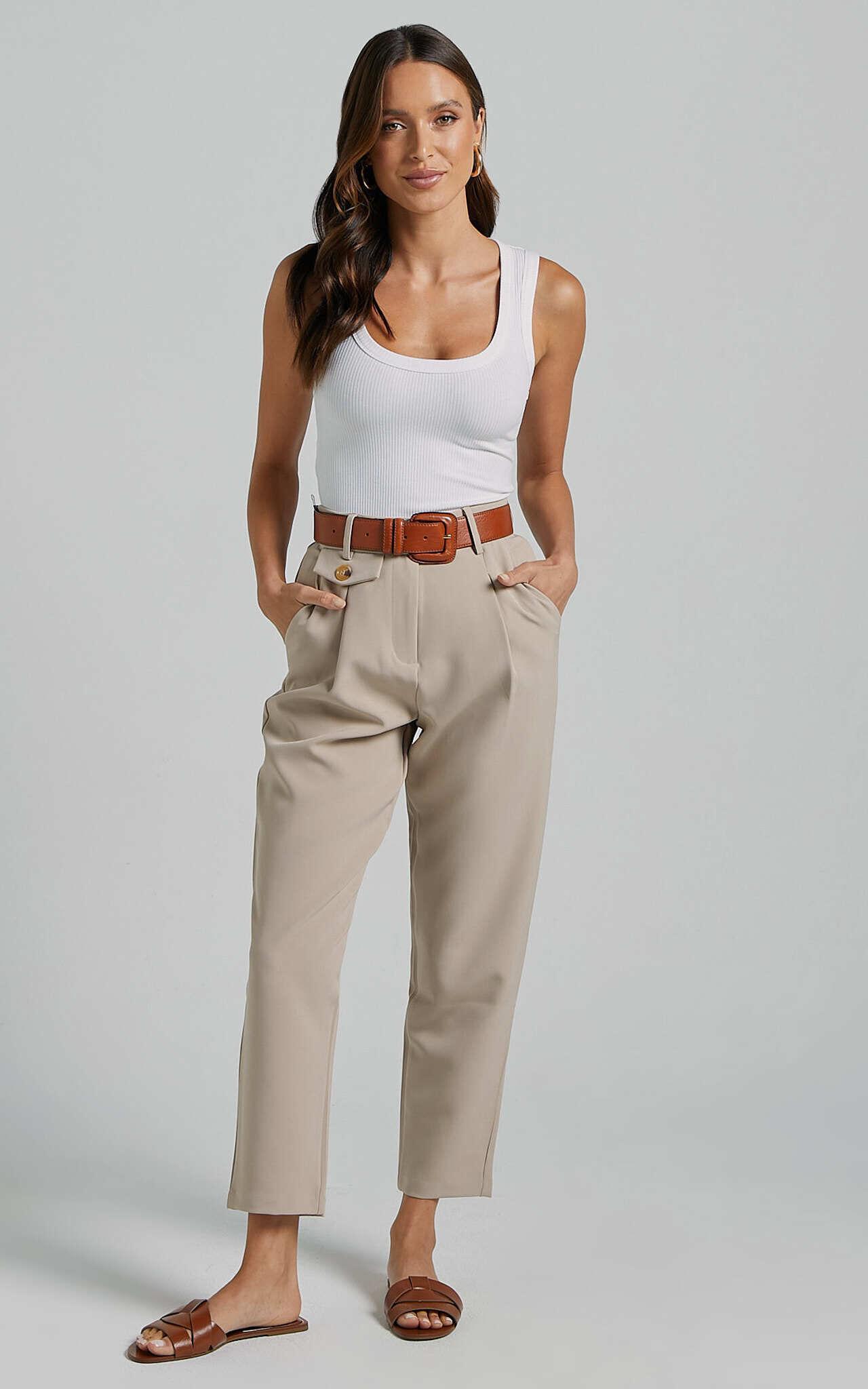 Suri Cropped Pant - High Waisted Tapered Tailored Pant With Pocket Detail in Sand Product Image