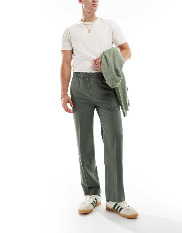 ASOS DESIGN pull on smart straight leg elasticated waistband pants in olive green Product Image