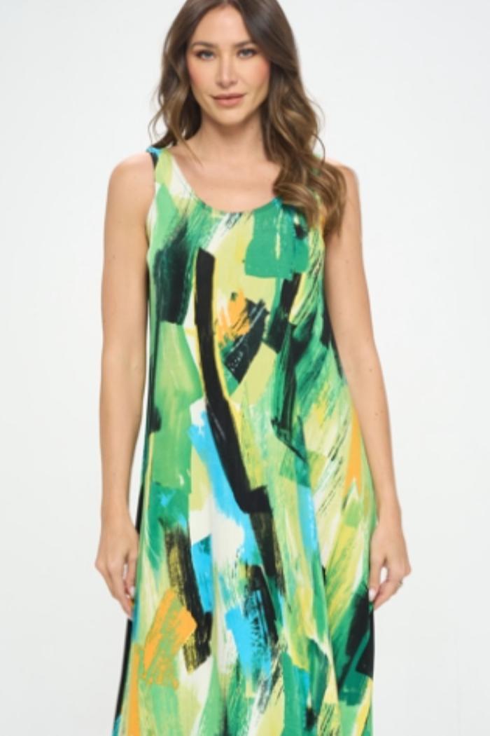 Abstract Print Sleeveless Midi Tank Dress Product Image