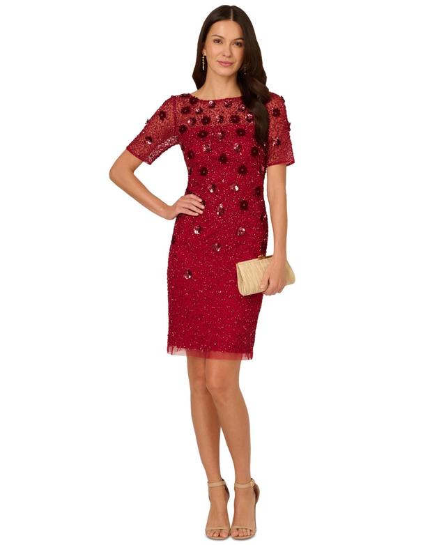 Adrianna Papell Womens Floral-Embellished Boat-Neck Dress Product Image