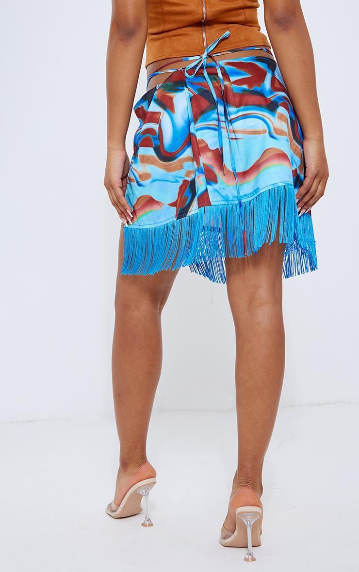 Blue Abstract Printed Tassel Hem Wrap Mini Skirt product image