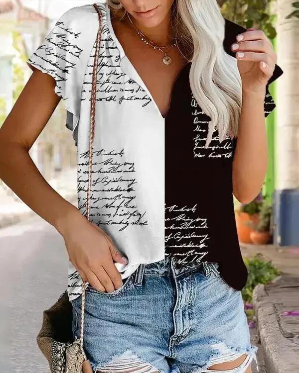 Olivia Mark – Letter Print Color Block V-Neck Top product image