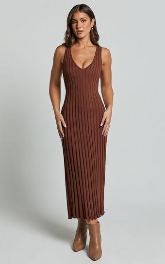 Maya Midi Knit Dress - Sleeveless V Neck Knited Dress in Dark Chocolate Product Image