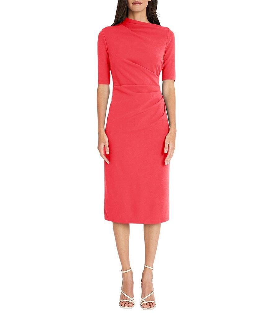 Maggy London Mock Neck Short Sleeve Draped Midi Sheath Dress Product Image