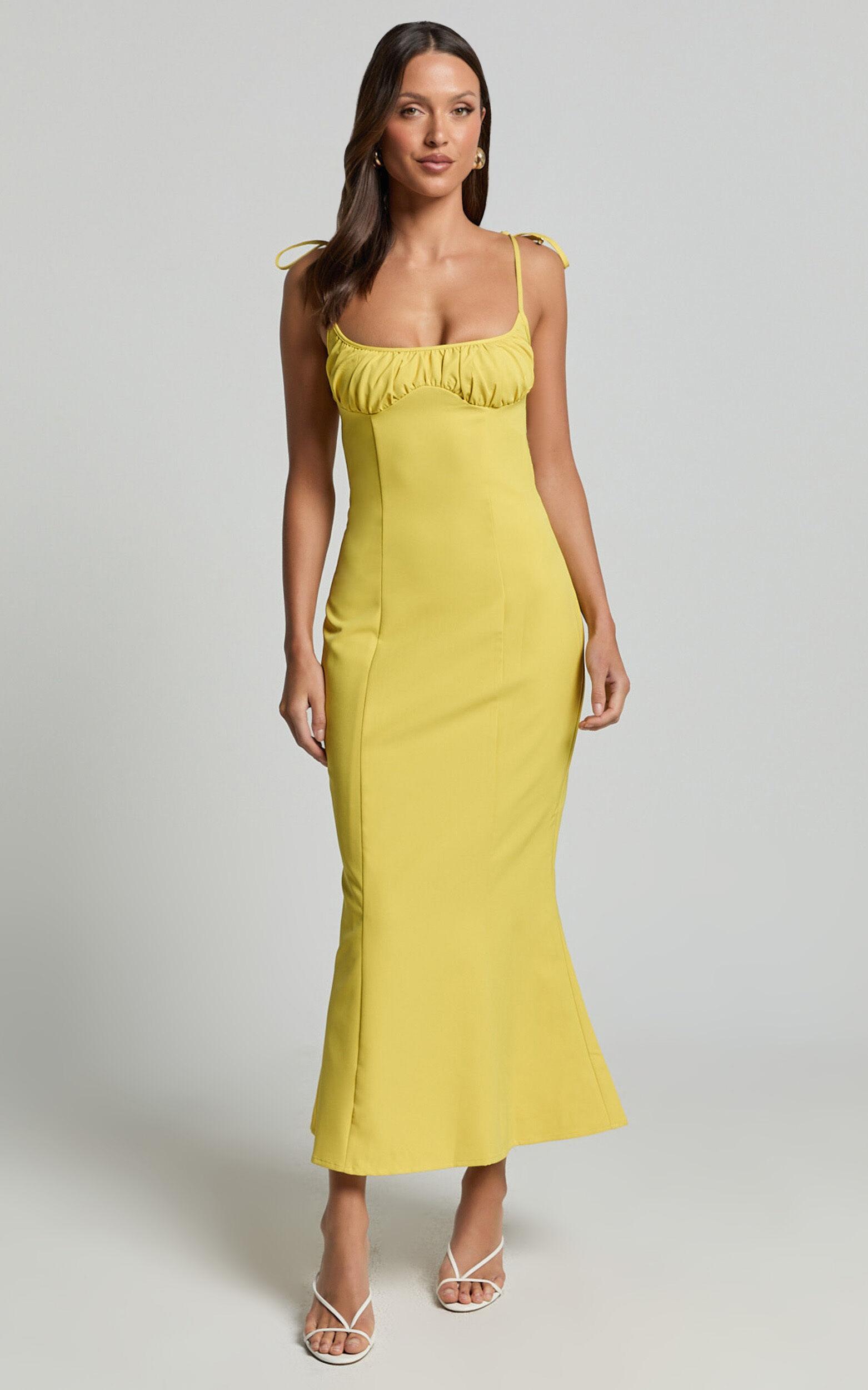 Karina Midi Dress - Ruched Bust Tie Shoulder Fit and Flare Dress in Lemon Product Image