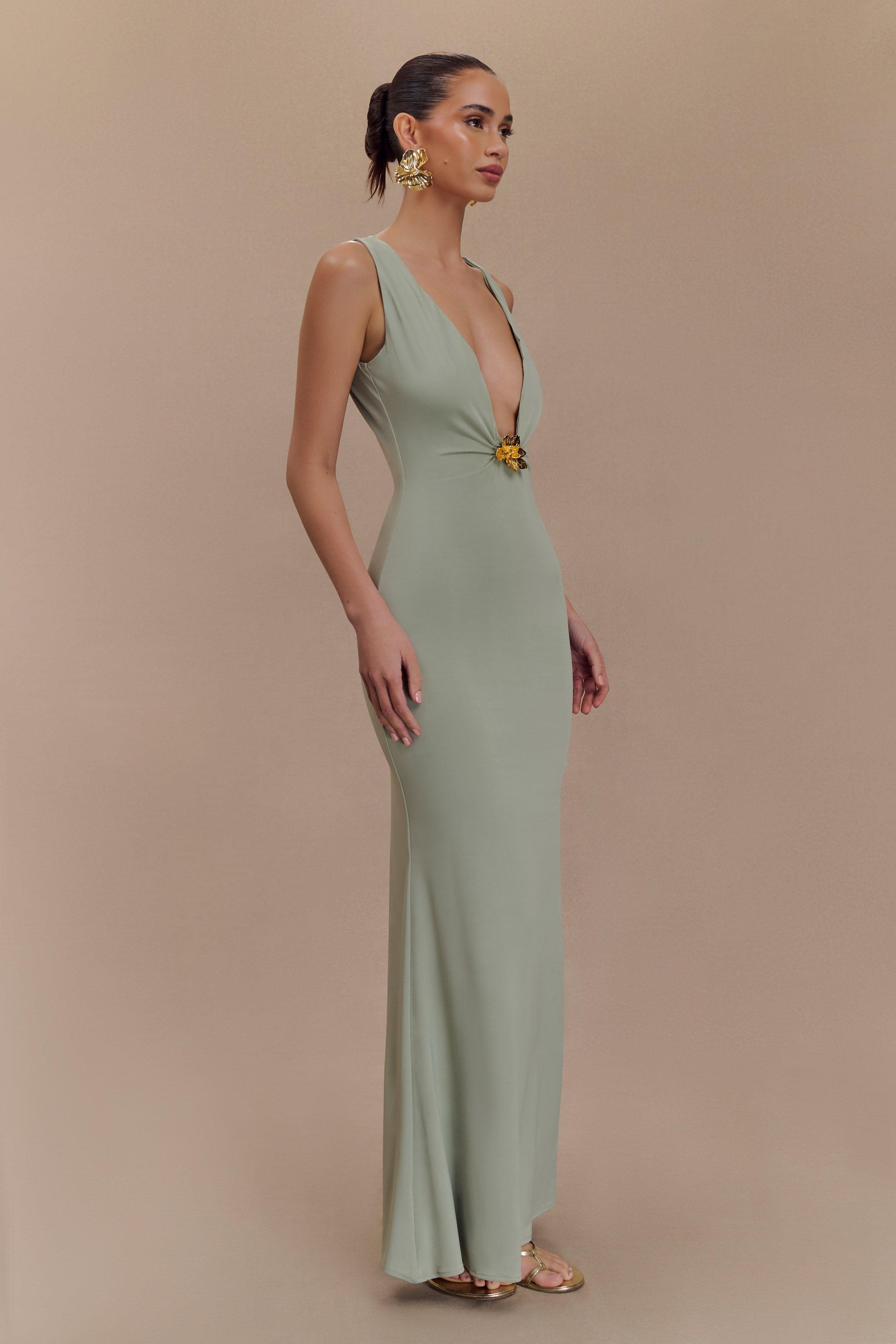 Beck Plunge Maxi Dress With Floral Hardware - Basil Product Image