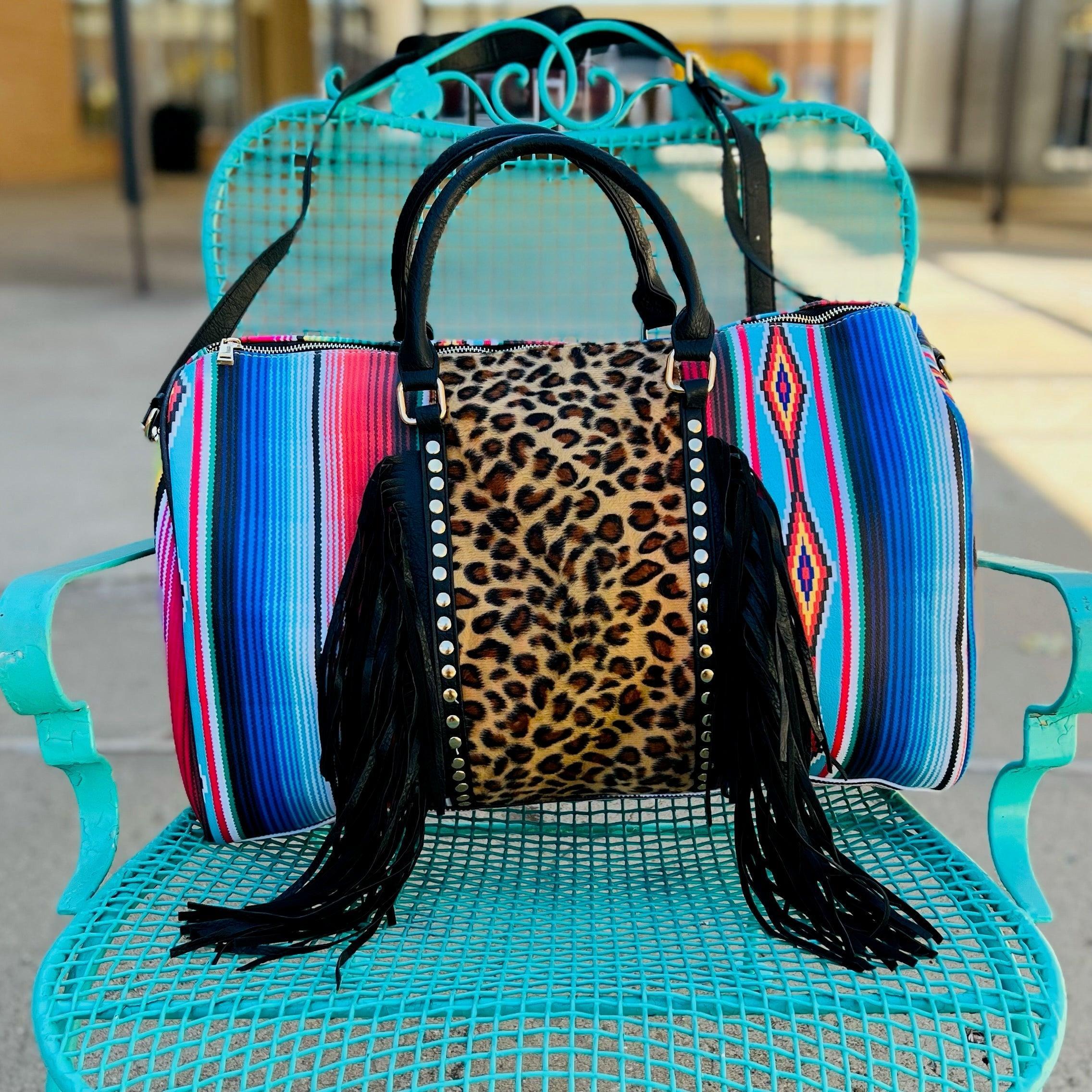 Large Serape/Aztec Fringed Duffle Bag with Leopard Detail Product Image