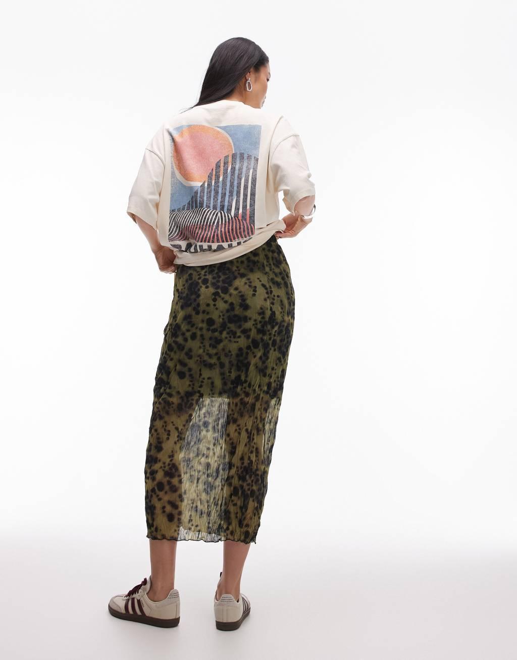 Topshop crinkle jersey midaxi skirt in green smudge print Product Image