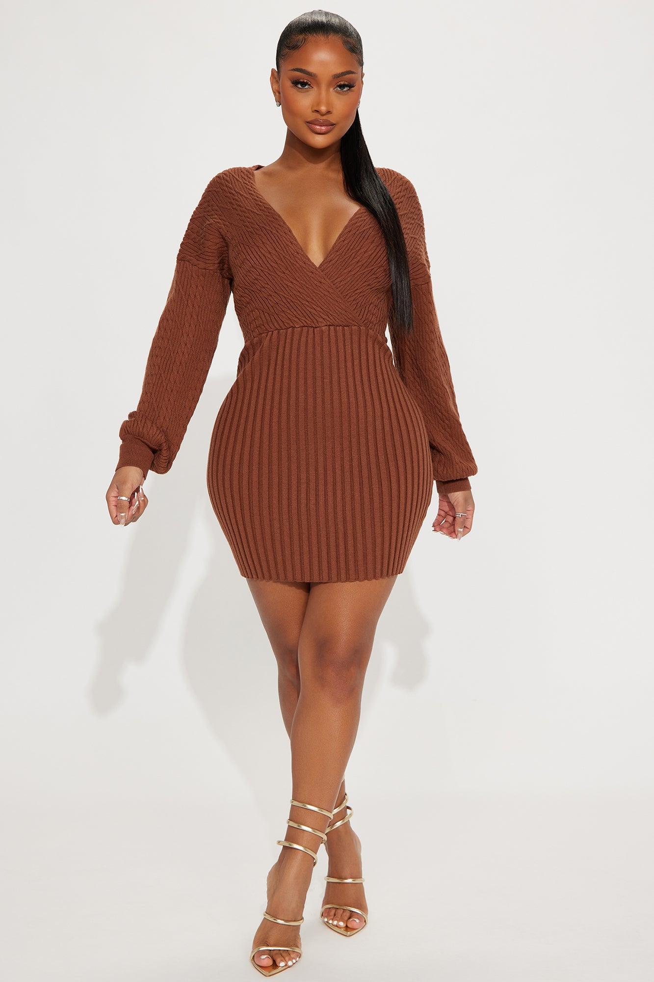 Aspen Sweater Mini Dress - Chocolate Product Image