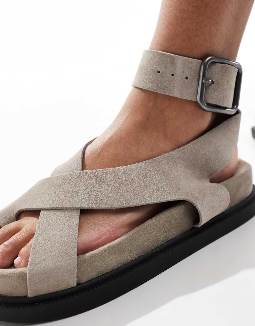 Pull&Bear suede strappy sandals with toe detail in stone Product Image