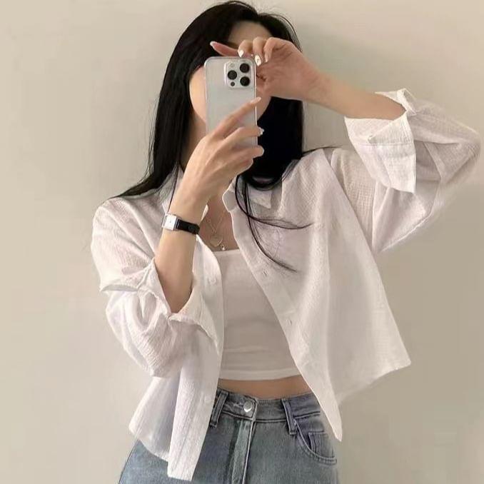 Long-Sleeve Striped Button-Up Crop Shirt Product Image